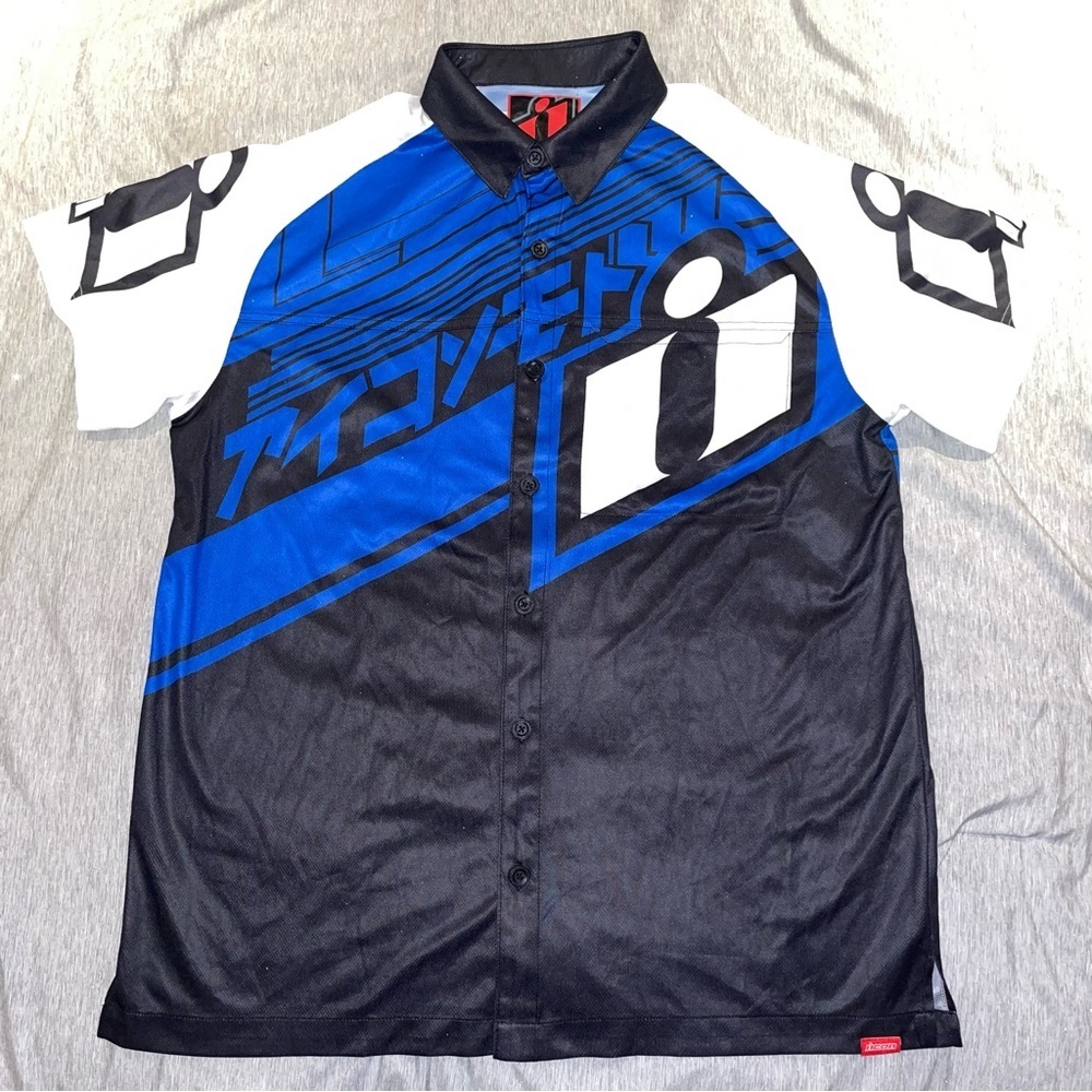 Icon motor  sports button up graphic pocket jersey sz xl